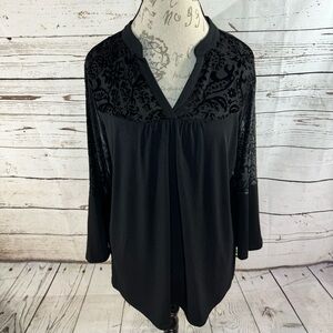 Absolutely Famous V-neck Top with Burnout Velvet Yoke and Sleeve Detail Black XL